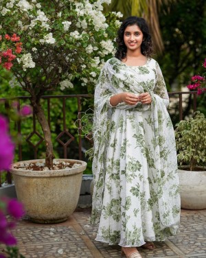 Solid Faux Georgette With Digital Print Maxi Dress With dupatta